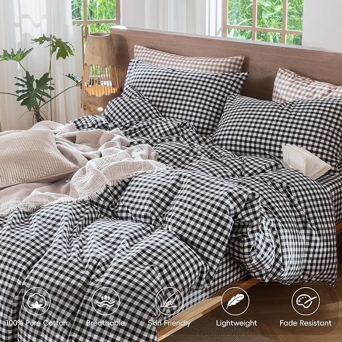 MooMee Gingham Duvet Cover Set 100% Washed Cotton Linen Like Textured - Image 4