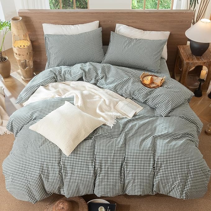 MooMee Gingham Duvet Cover Set 100% Washed Cotton Linen Like Textured - Image 5