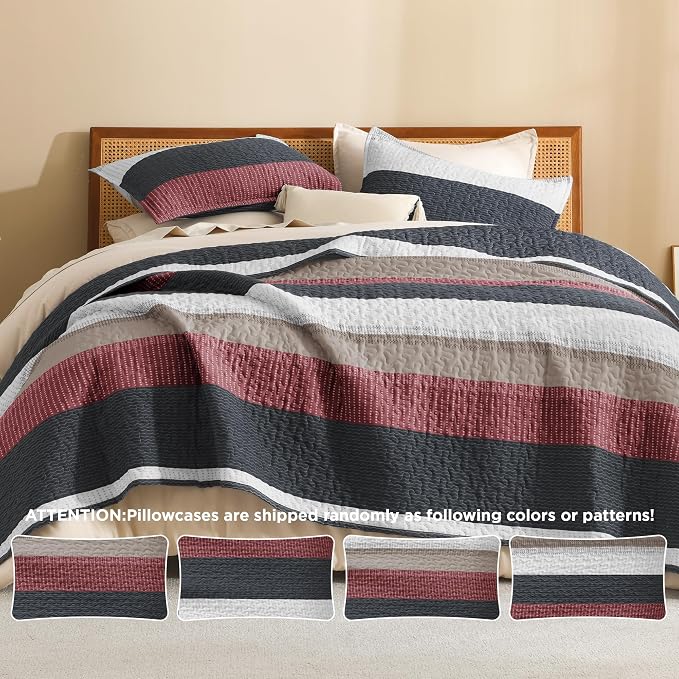 Litanika Quilt King Size Black and Red, Stripe Patchwork Summer Bedspread - Image 5
