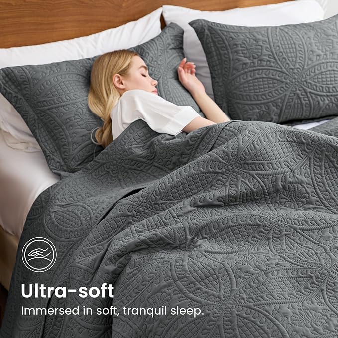 Love's cabin King Size Quilt Bedding Set Dark Grey Bedspreads - Image 5