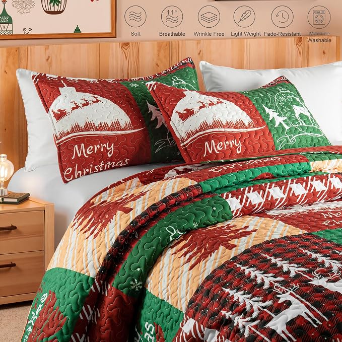 Whale Flotilla Patchwork Quilt King Size, Soft Boho Christmas Bedspreads - Image 3
