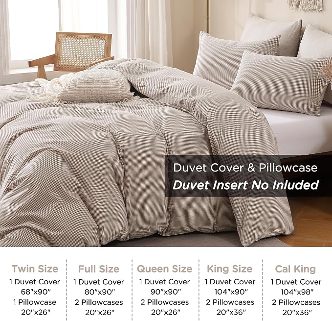 TOCOMOA Mini Gingham Tan Duvet Cover Bedding Set 100% Washed Cotton Like Linen - Image 8