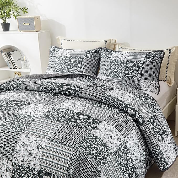 Mybedsoul Black Grey Boho Quilt Set King Size, 3 Pieces Plaid Floral Bedspread - Image 2