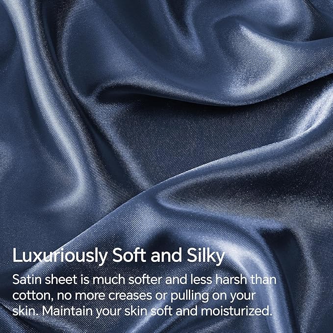 BEDELITE Satin Sheets Twin XL Size Bed Set, Luxury Soft Navy Silky Sheets - Image 3