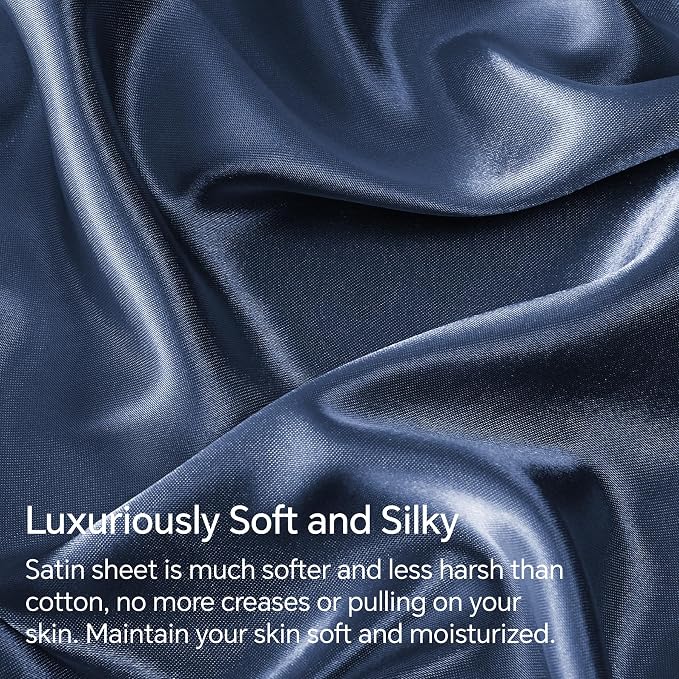 BEDELITE Satin Sheets Full XL Size Bed Set, Luxury Soft Navy Silky Sheets - Image 3
