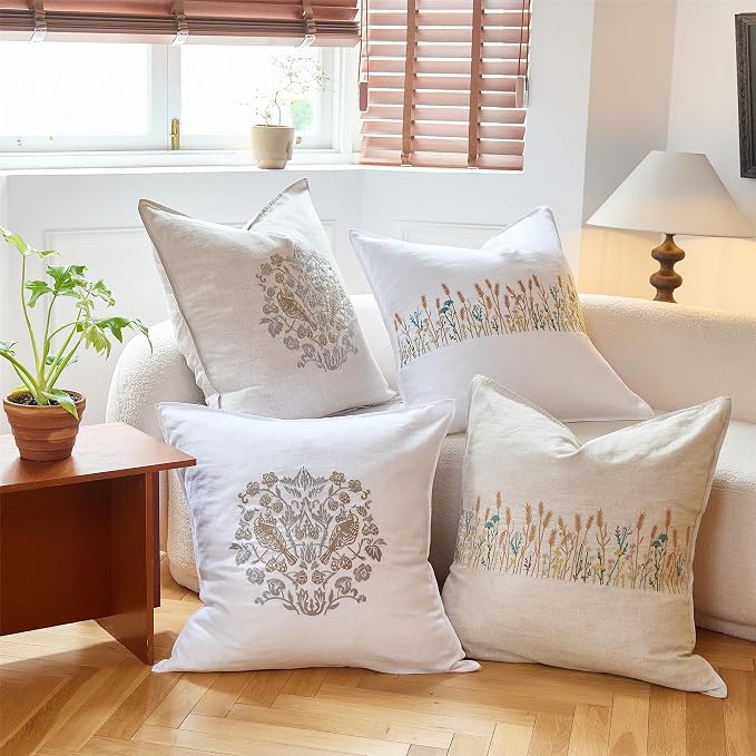 Simple&Opulence 100% Linen Euro Shams 26'' x 26'' Pack of 2, Embroidery Wheat - Image 7