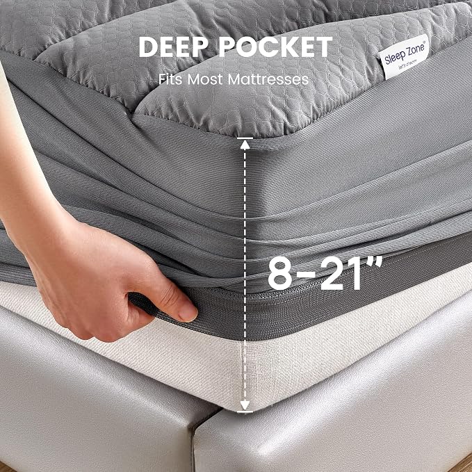 SLEEP ZONE Waterproof Queen Mattress Pad, Soft Mattress Topper, Fitted Mattress - Image 5