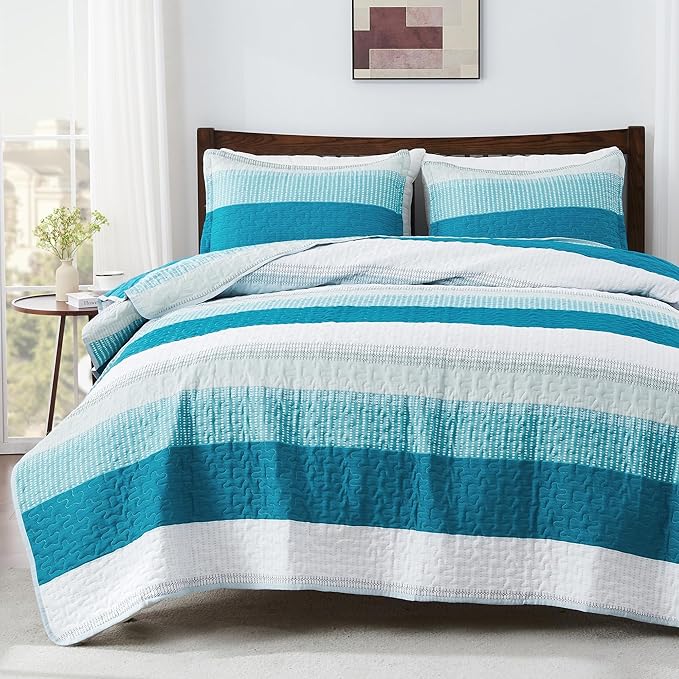 Andency Teal and White Striped Quilt Set Cal King, 3 Pieces Patchwork Bedspread by Andency