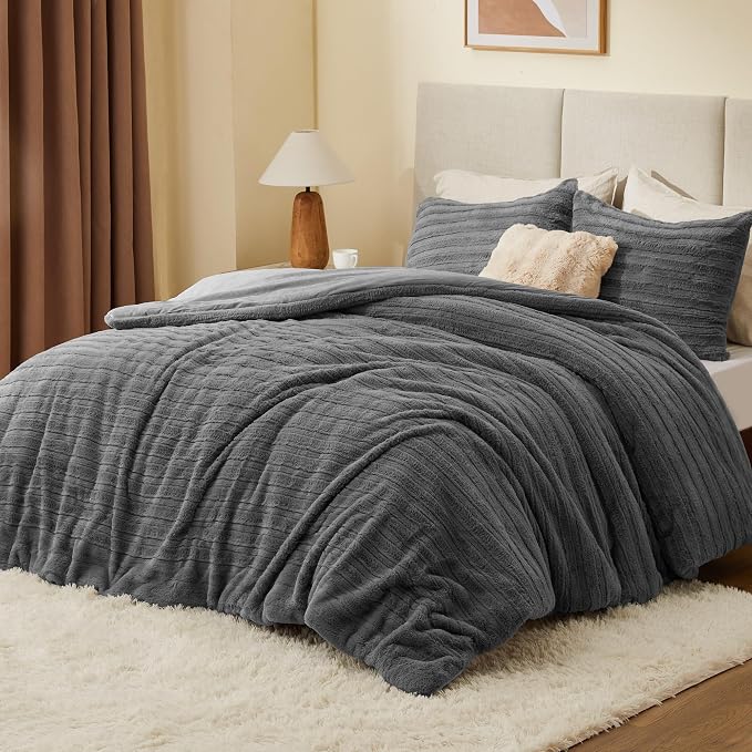BEDELITE Fleece Queen Comforter Set -Super Soft & Warm Fluffy Grey Faux Fur - Image 2