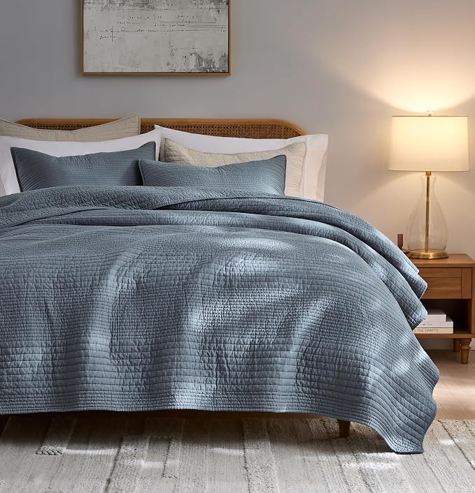 palassio Striped Blue Grey 100% Cotton Quilt Queen Size Bedding Sets, by PALASSIO