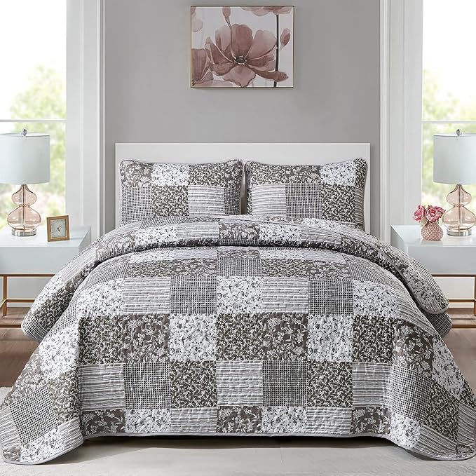 Mybedsoul Grey Boho Quilt Set King Size, 3 Pieces Plaid Floral Bedspread by Mybedsoul