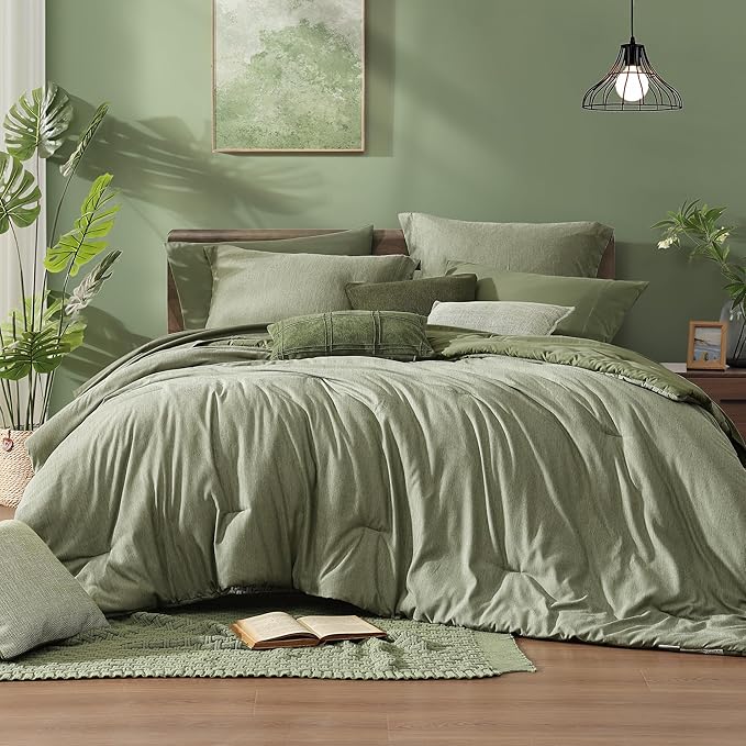 Monbix King Size Comforter Set, Sage Green King Size Bed Set Reversible 7 Pieces by Monbix