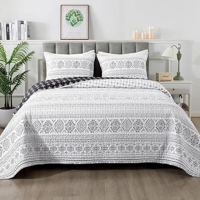 Andency Black White Quilts Queen Size, 3 Pieces Queen Quilt Bedding Set Boho by Andency