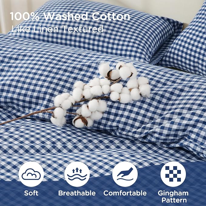 TOCOMOA Navy Blue Gingham Duvet Cover Bedding Set 100% Washed Cotton Like Linen - Image 5