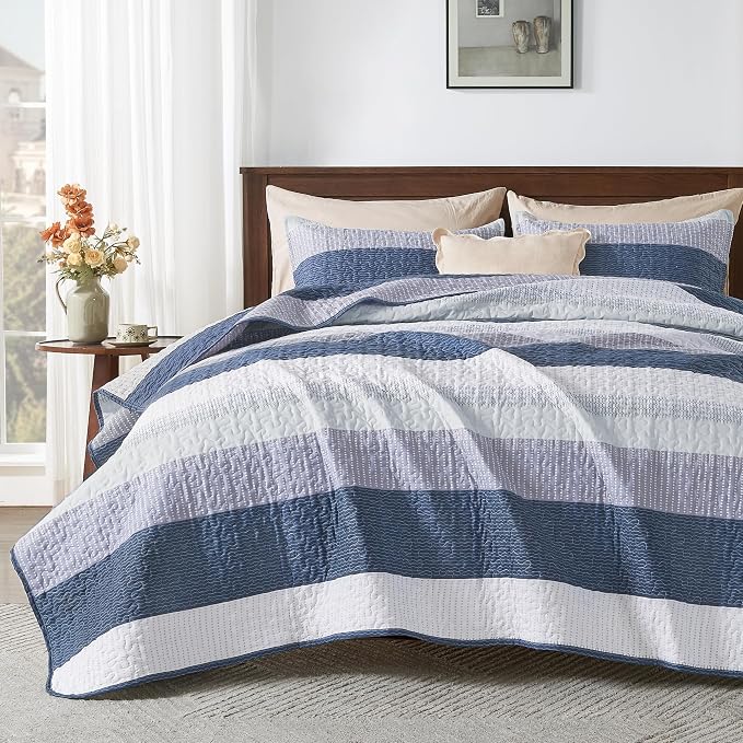 Andency Queen Quilt Bedding Set Mineral Blue, 3 Pieces Patchwork Summer Striped by Andency