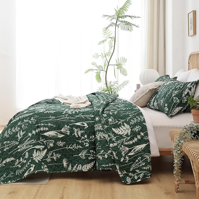 JANZAA Quilts Queen Size Emerald Green Floral Queen Quilt Bedding Set - Image 6