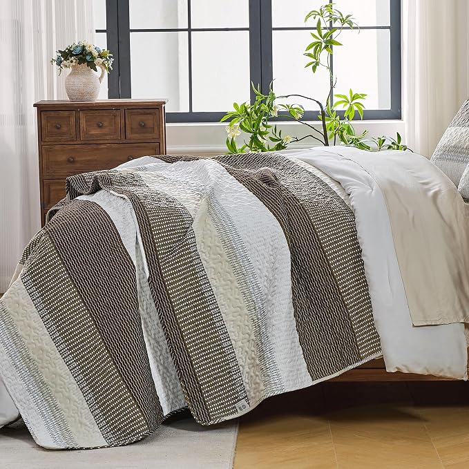 Andency Queen Quilt Bedding Set Mocha Brown, 3 Pieces Patchwork Summer Striped - Image 2