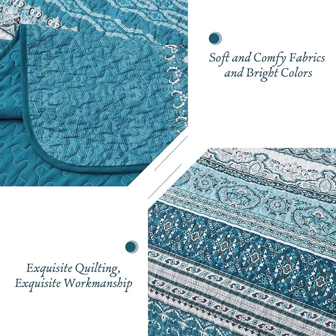 WONGS BEDDING Boho Quilt Set Full, Teal Blue Bohemian Quilt Bedding Set - Image 5