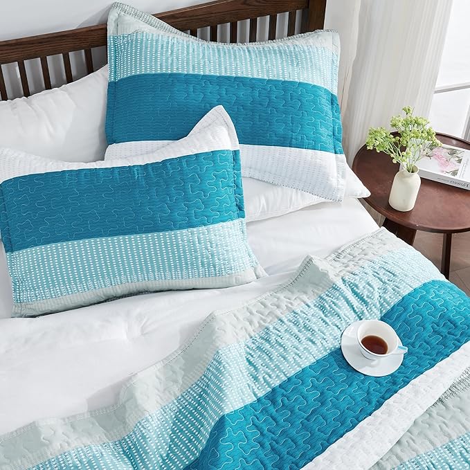 Andency Teal and White Striped Quilt Set Cal King, 3 Pieces Patchwork Bedspread - Image 3