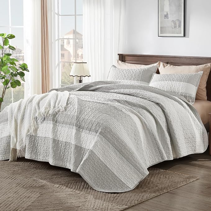 Andency King Size Quilt Set Linen Grey, 3 Pieces Summer Ultra Soft Lightweight - Image 2
