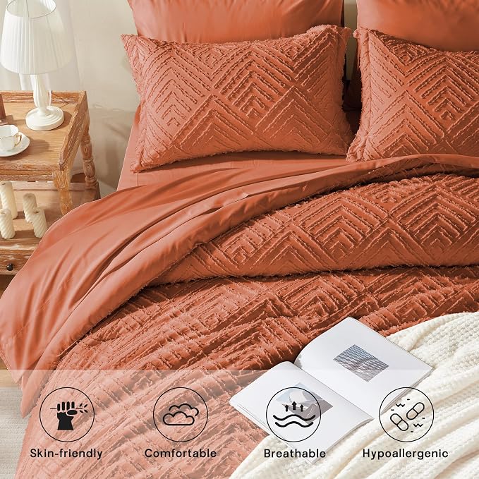 Zzlpp Twin Comforter Set 5 Pieces, Burnt Orange Tufted Bed in a Bag - Image 3