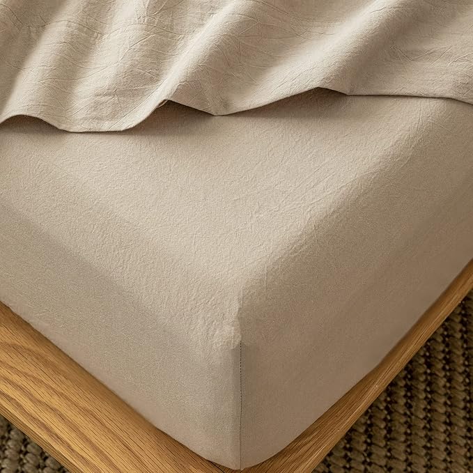 MooMee Fitted Bottom Sheet Only 100% Washed Cotton Linen Like Textured by MOOMEE
