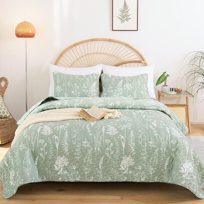 JANZAA Quilts Queen Size Sage Green Quilt Botanical - Image 5