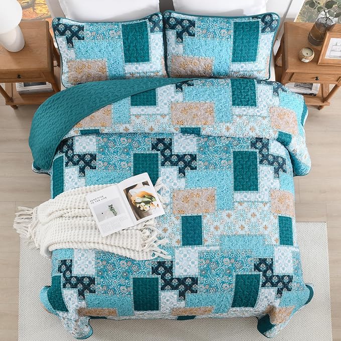 Xruibed Teal Quilt Set King Size 3 Pieces Plaid Floral Boho Bedspread Coverlet - Image 4