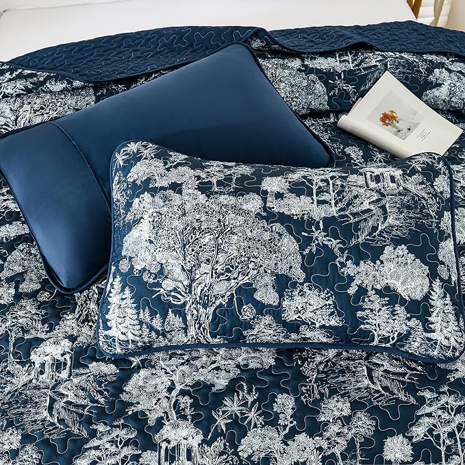 WONGS BEDDING Quilt Set King Size, 3 Pieces Navy Blue Botanical Floral Printed - Image 9