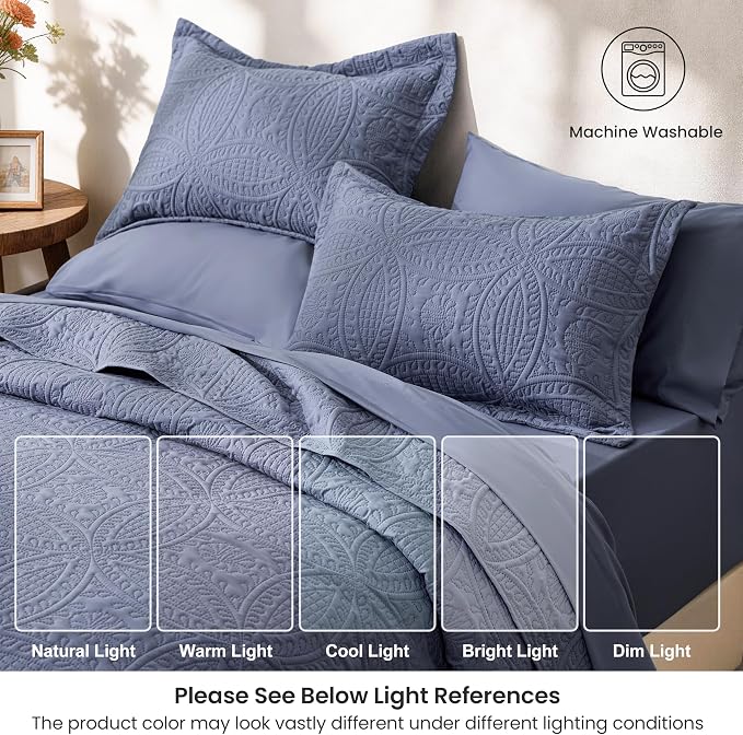 Love's cabin Queen Quilt Set Bluish Grey, Bed in a Bag Queen Bedding 7 Pcs - Image 6