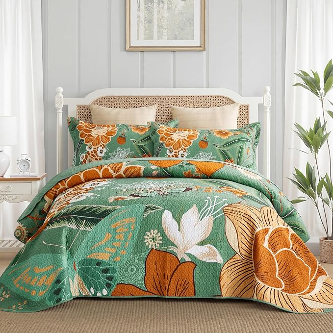 Tyrot 3 Piece Sage Green Boho Floral Full/Queen Quilt Sets Farmhouse Botanical by TyrotHomeDecor