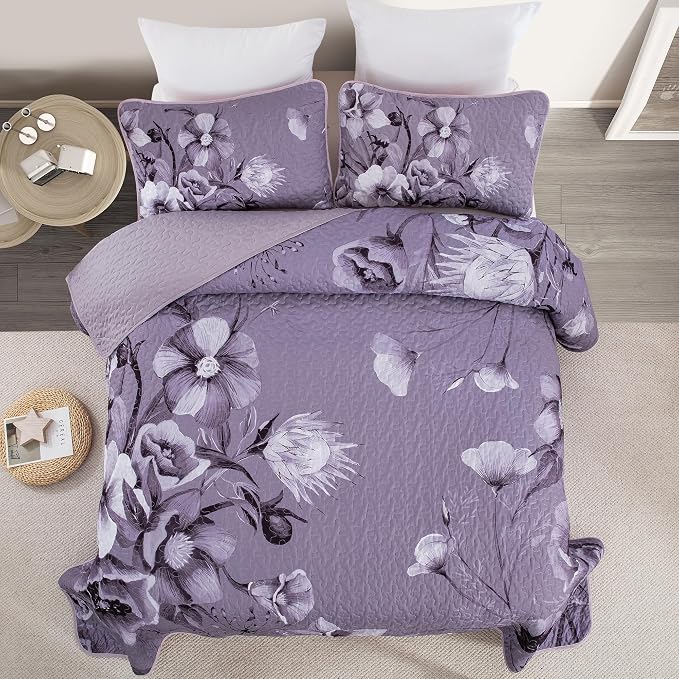 Floral Quilt Set Queen 3 Pieces Dark Purple Boho Flower Quilt Coverlet Set Soft - Image 3