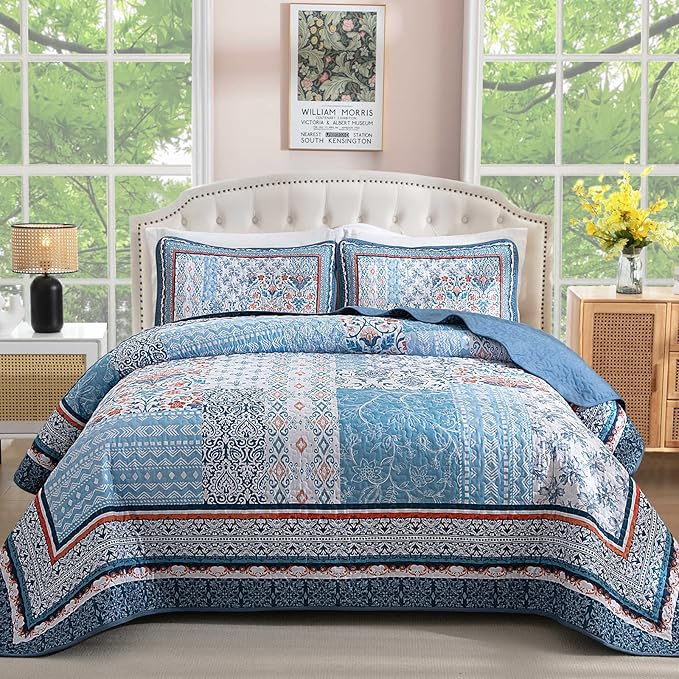WONGS BEDDING Blue Quilt Set King Size, 3 Pieces Boho Patchwork Bedspread by WONGSBEDDING