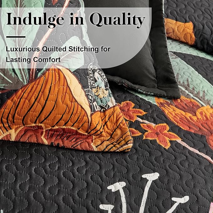 Tyrot 3 Piece Black Boho Floral King Size Quilt Sets Reversible Farmhouse - Image 4
