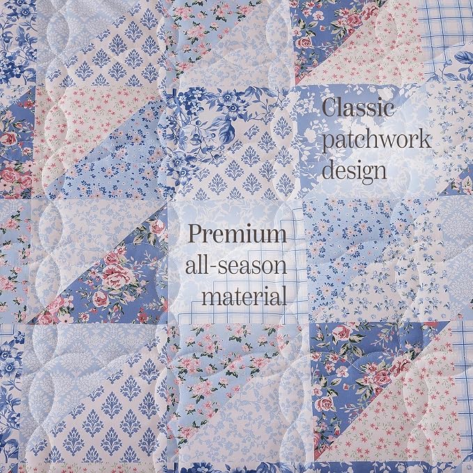 BLOOMHAVEN Quilt Set Twin Size, Patchwork Blue Pink Marigold Floral Quilt Sets - Image 6