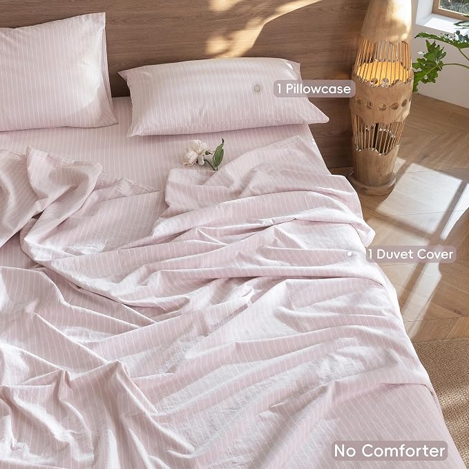MooMee Striped Duvet Cover Set 100% Washed Cotton Linen Like Textured - Image 2