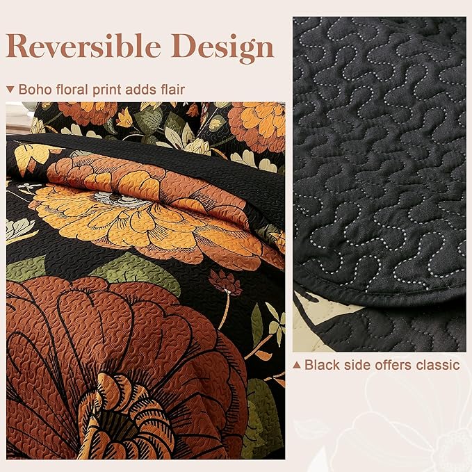 Tyrot 3 Piece Black Boho Floral King Size Quilt Sets Reversible Farmhouse - Image 3