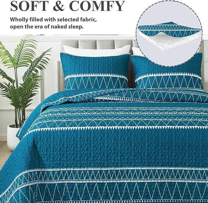 Andency Teal Twin Quilt Set, 2 Pieces Boho Lightweight Soft Striped Bedspread - Image 4