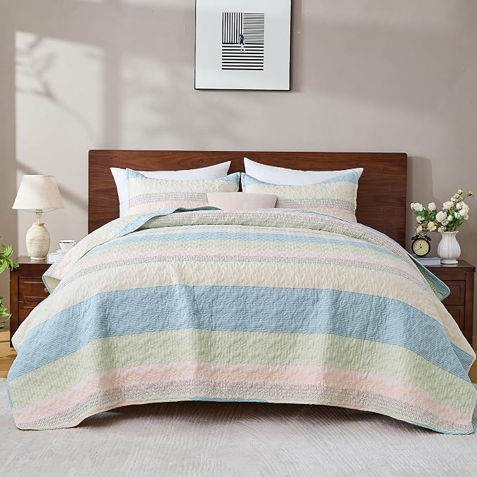 Andency California King Quilt Set Blue Pink, 3 Pieces Ultra Soft Lightweight - Image 7