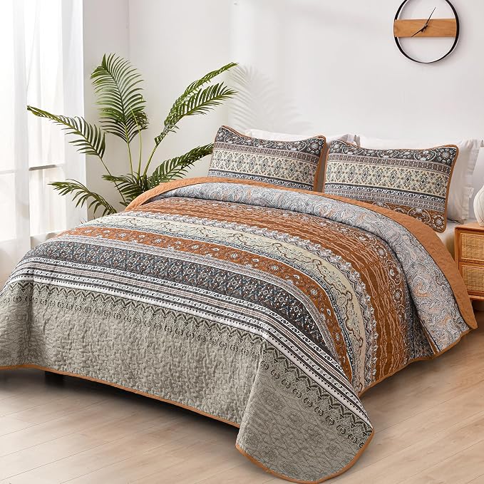 WONGS BEDDING Boho King Quilt Set, Fall Lightweight Bed Decor Bedspread - Image 2