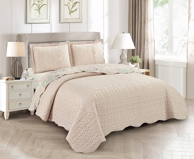 Brilliant Sunshine Rose and Sage Quilt Set, 3-Piece Bedding Sets, Traditional - Image 5