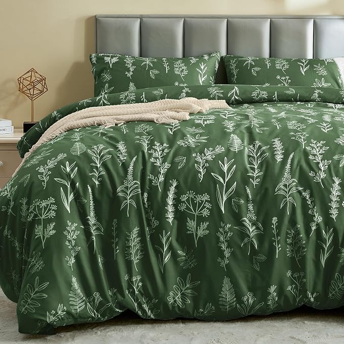 MUXHOMO Duvet Cover Queen Size, Reversible Floral Dark Green Duvet Cover Set by MUXHOMO