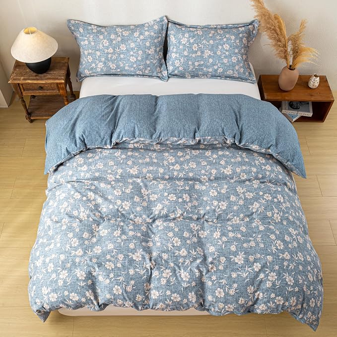 OAITE Blue Flower Queen Size Duvet Cover-3 Pieces Prewashed Cotton-Like - Image 6