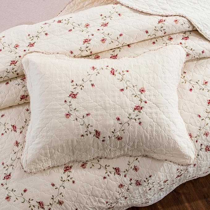 Quilt Set Floral Leaves 3D Embroidery Pattern 3 PCS Cotton Reversible Quilted - Image 3