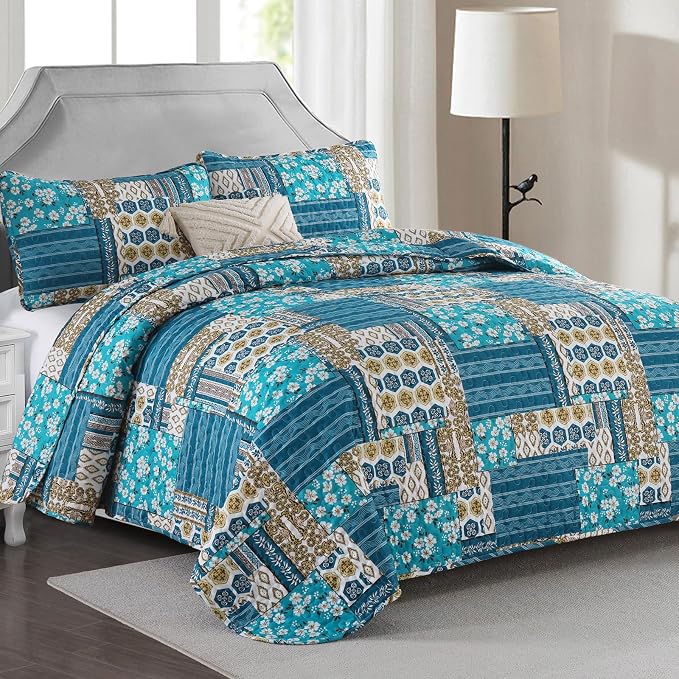 Mybedsoul Dusty Blue Quilt Set Queen Size, 3 Pieces Plaid Floral Bedspread Set - Image 2