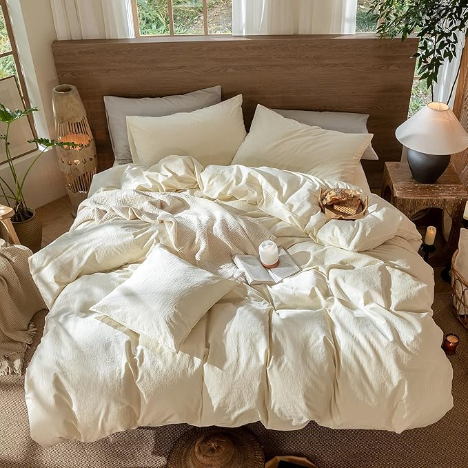 MooMee Wavy Striped Duvet Cover Set 100% Washed Cotton Linen Like Textured - Image 6