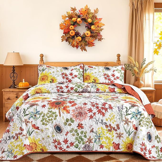 Yiran Fall Floral Quilt Set Queen Size, 3 Pieces Soft Lightweight Microfiber by Yiran