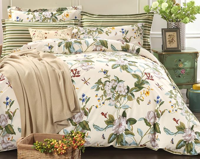 FADFAY Floral Duvet Cover Set 100% Cotton Green and Beige Striped Shabby Flower by CottonWorldSweetDream