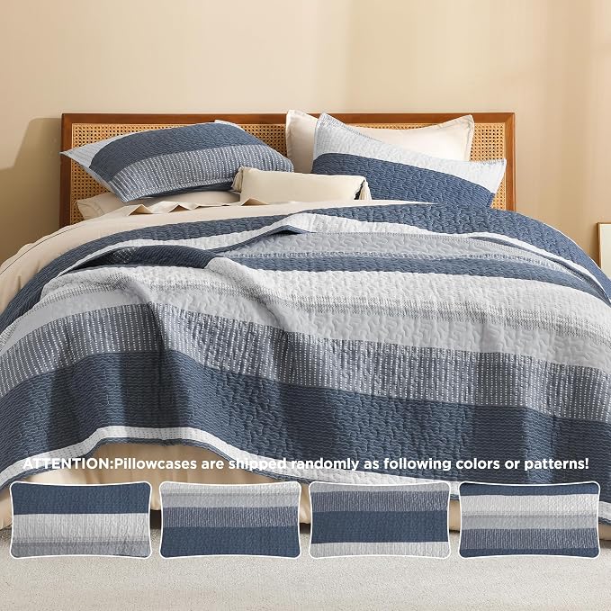 Litanika King Size Quilt Set Navy Blue, Stripe Patchwork Summer Bedspread - Image 5