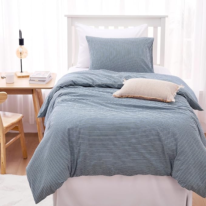Wake In Cloud - Striped Cotton Duvet Cover Set, 100% Washed Cotton Textured - Image 8